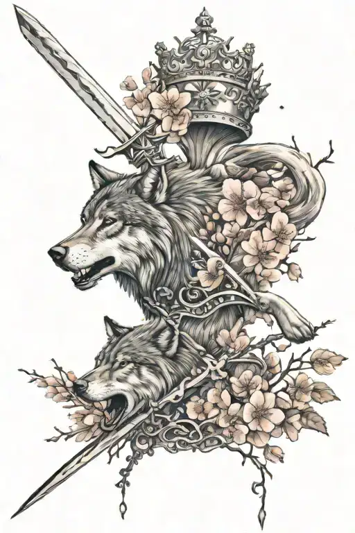wolves, cherry blossoms falling, kings crown, knights sword tattoo design idea