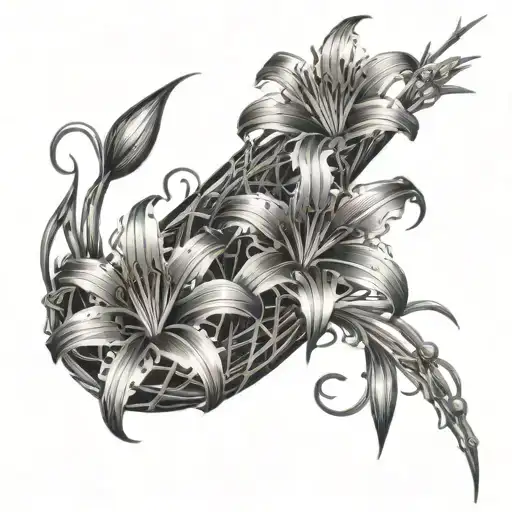 wrap around arm barbed wire with spider lilies   tattoo design idea