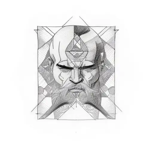 A sketch style tattoo of a man with an ancient face, with geometric patterns and famous life quotes incorporated into the design tattoo design idea