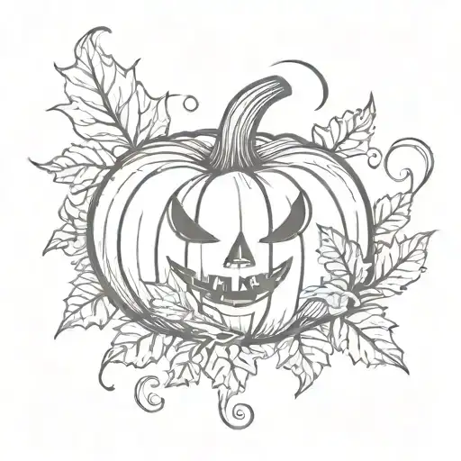 A sketch-style tattoo design of Fall leaves swirling around a Halloween pumpkin with a heart-shaped moon in the background tattoo design idea