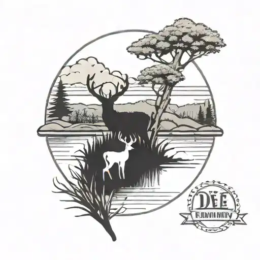A black-grey tattoo of a serene Wisconsin landscape with a deer and a lake, reflecting the client's fondness for their favorite place tattoo design idea