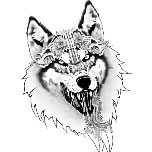 lobo con plumas indias y una brujula tattoo design idea