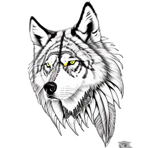 lobo con plumas indias y una brujula tattoo design idea