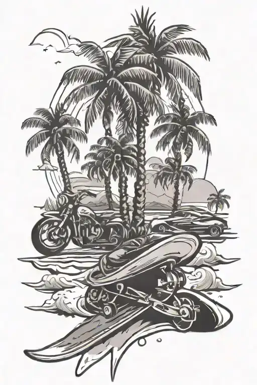 Cali vibes, beach, palm tree, skate, motorcycles tattoo design idea