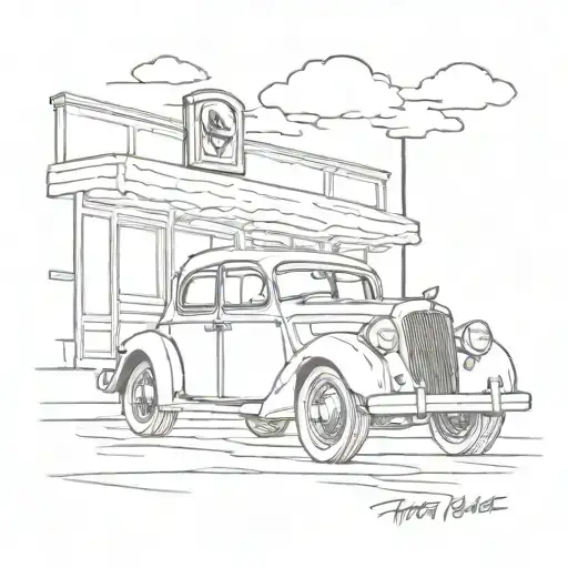 A sketch-style tattoo of a vintage car parked outside a Waffle House, capturing the essence of your interests tattoo design idea
