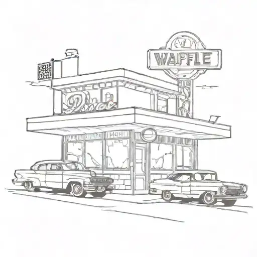 A tattoo design incorporating a Waffle House diner with vintage cars parked outside tattoo design idea