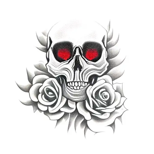 Skull with Fangs surronded by roses tattoo design idea