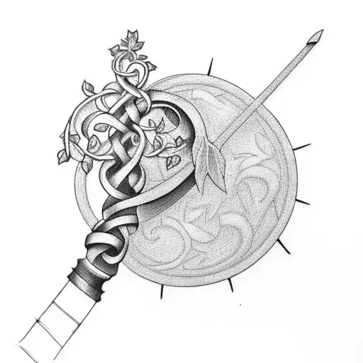 A minimalist design of a gavel intertwined with a vine, symbolizing justice and growth tattoo design idea