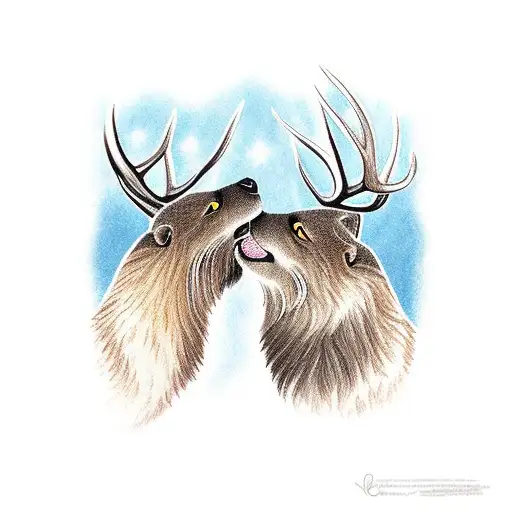 elk and river otter touch noses while elk drinks from river tattoo design idea