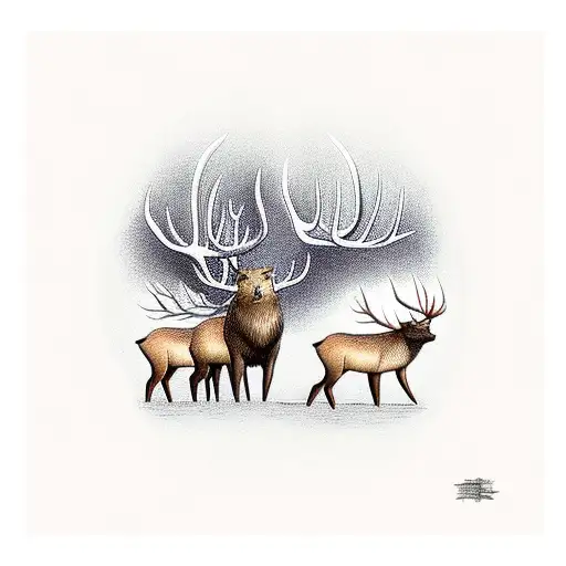 elk and river otter meet noses while elk drinks from river tattoo design idea