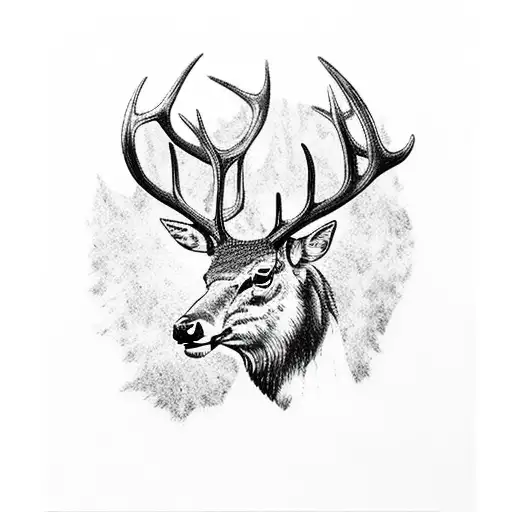background is a Forest, elk drinks water from river  tattoo design idea