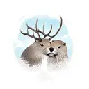 elk and river otter touch noses while elk drinks from river tattoo design idea