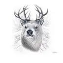 elk and river otter touch noses while elk drinks from river tattoo design idea