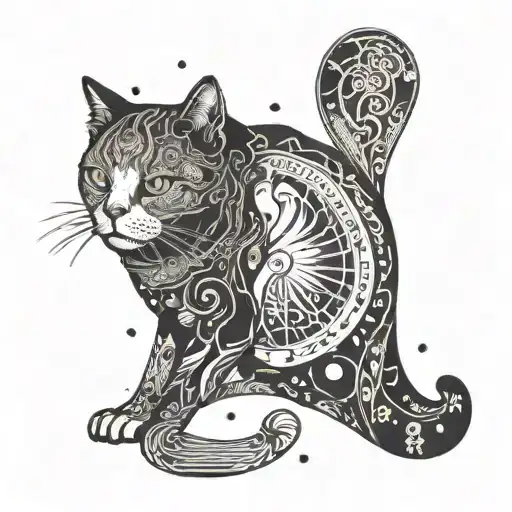 A celestial cat with a tarot card motif on its fur, blending outer space and mysticism tattoo design idea
