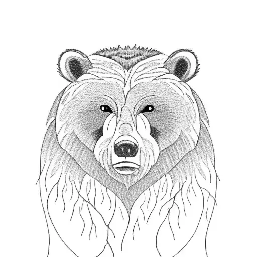 A whole grizzley bear in front of a tree with the initials SEH, KIH, and JEH carved into the tree. tattoo design idea