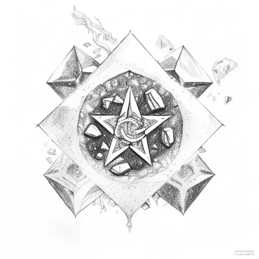 crystals, coffee and herbs around a pentagram tattoo design idea