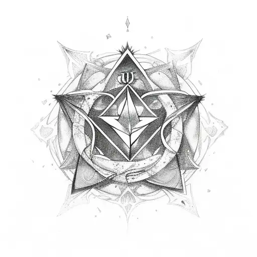 a wiccan symbol sorrounded by crystals, coffee and herbs tattoo design idea