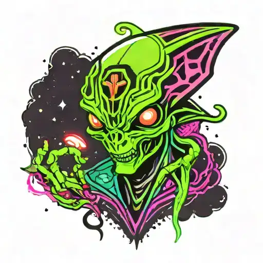 neon green alien with white, UFO with striking colors with neon background and lights tattoo design idea