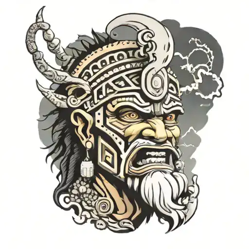 angry wiracocha god with bolivia background with thunder and lightning in the background tattoo design idea