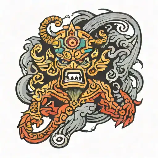 angry wiracocha god with bolivia background with thunder and lightning in the background tattoo design idea