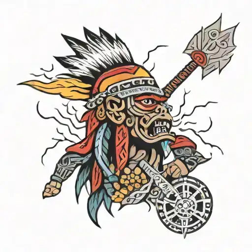 god wiracocha with angry face, background of bolivia with lightning and thunder tattoo design idea