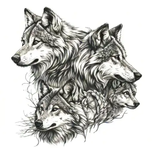 wolf with a crown and two cubs tattoo design idea