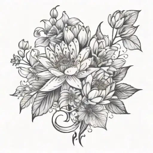 flower bouquet with water lily, violets, asters, and vines  tattoo design idea