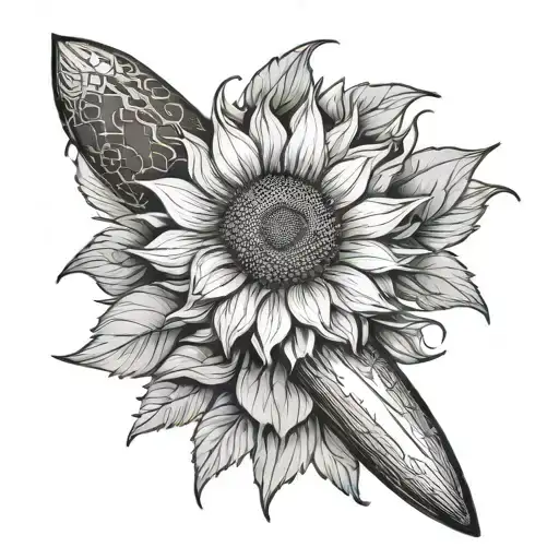 sunflower, cricket bat and ball tattoo design idea