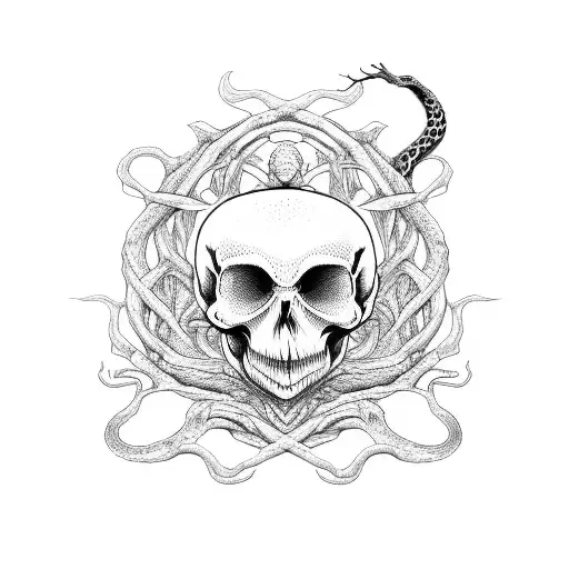 tree of life with a snake, skull, spider and moon tattoo design idea