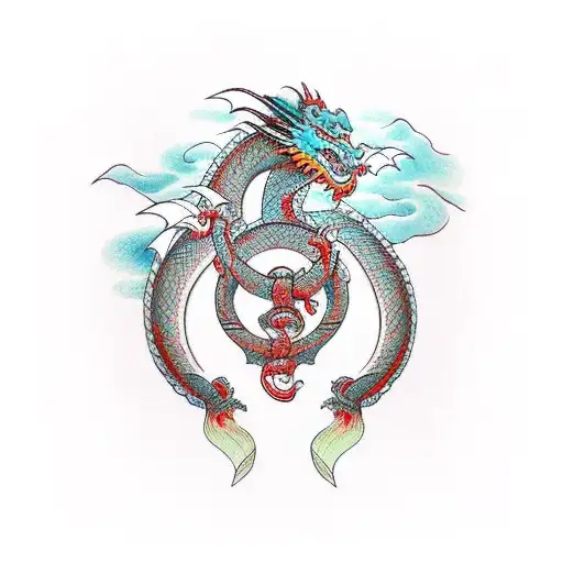 Dragon river torii gate tattoo design idea