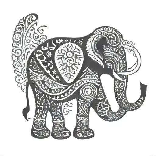 An elephant silhouette adorned with intricate tribal patterns and geometric shapes, emphasizing strength and unity tattoo design idea