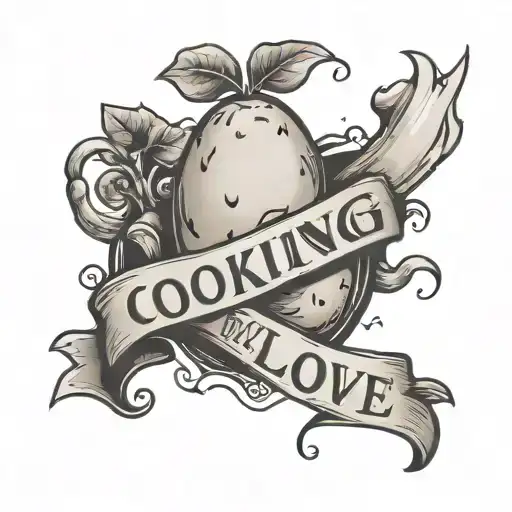 Potato with a banner that says 'Cooking with Love' tattoo design idea