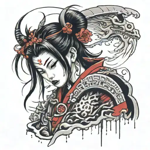 mental damaged samurai girl with opiate and amphetamine addiction tattoo design idea