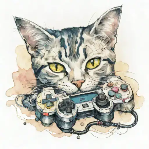 A realistic watercolor portrait of a cat playing a video game controller tattoo design idea