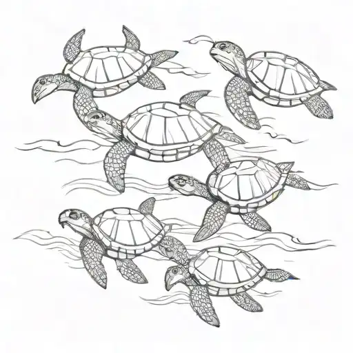 A minimalist design of a family of sea turtles swimming together in the ocean tattoo design idea