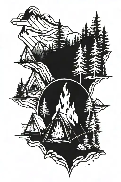 camping tent mountains campfire  tattoo design idea