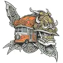 bus with samurai helmet tattoo design idea