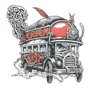 bus with samurai helmet tattoo design idea