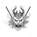 hannya mask balancing a katana on front horns while cherry blossom falling behinf tattoo design idea