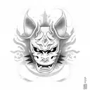 hannya mask balancing a katana on front horns while cherry blossom falling behinf tattoo design idea