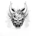hannya mask balancing a katana on front horns while cherry blossom falling behinf tattoo design idea