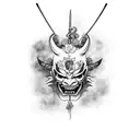 hannya mask balancing a katana on front horns while cherry blossom falling behinf tattoo design idea