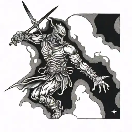 A surreal scene of a warrior battling inner demons in a dreamlike landscape, exploring the depths of the psyche tattoo design idea