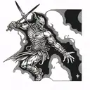 A surreal scene of a warrior battling inner demons in a dreamlike landscape, exploring the depths of the psyche tattoo design idea