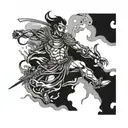A surreal scene of a warrior battling inner demons in a dreamlike landscape, exploring the depths of the psyche tattoo design idea