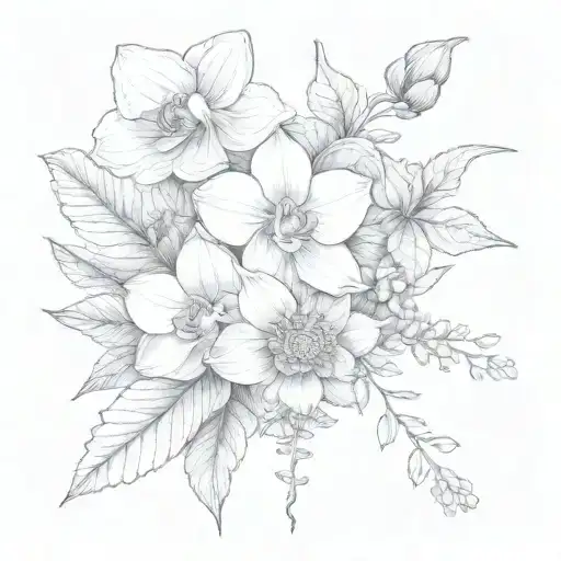 tiny Bouquet with: a orchids, a rose, a mooon flower, a dahlia and a nettle. tattoo design idea