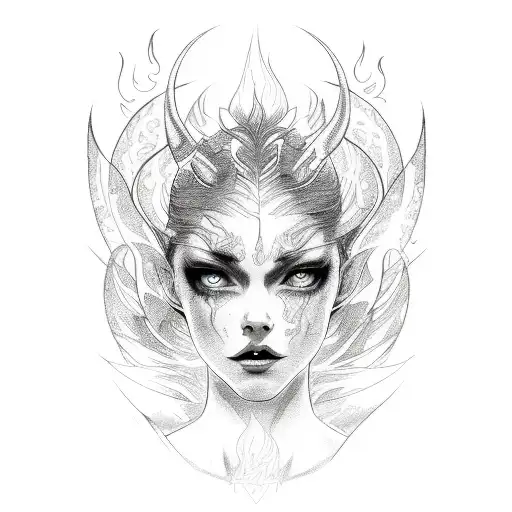 A sketch-like design featuring Lilith surrounded by flames tattoo design idea