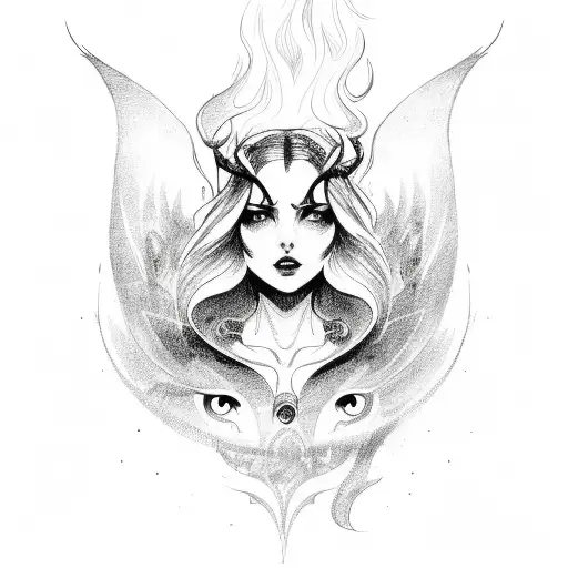 A sketch-like design featuring Lilith surrounded by flames tattoo design idea
