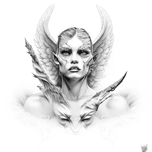 angel and devil face merging tattoo design idea
