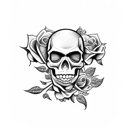 Skull with roses and money and guns tattoo design idea